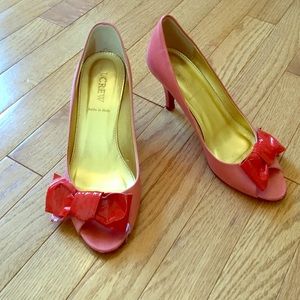 J. Crew red patent leather little bow peep heels